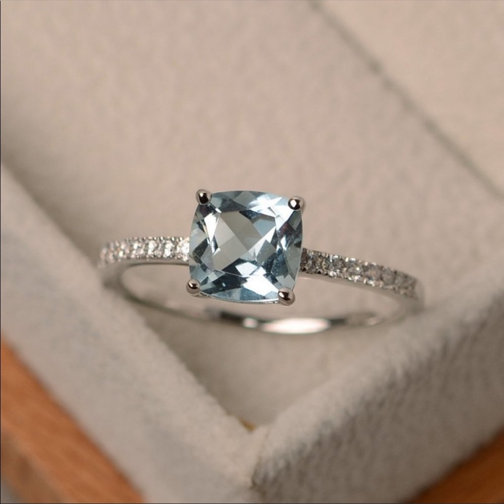 New 925 Silver Cushion Cut Aquamarine Elegant Ring